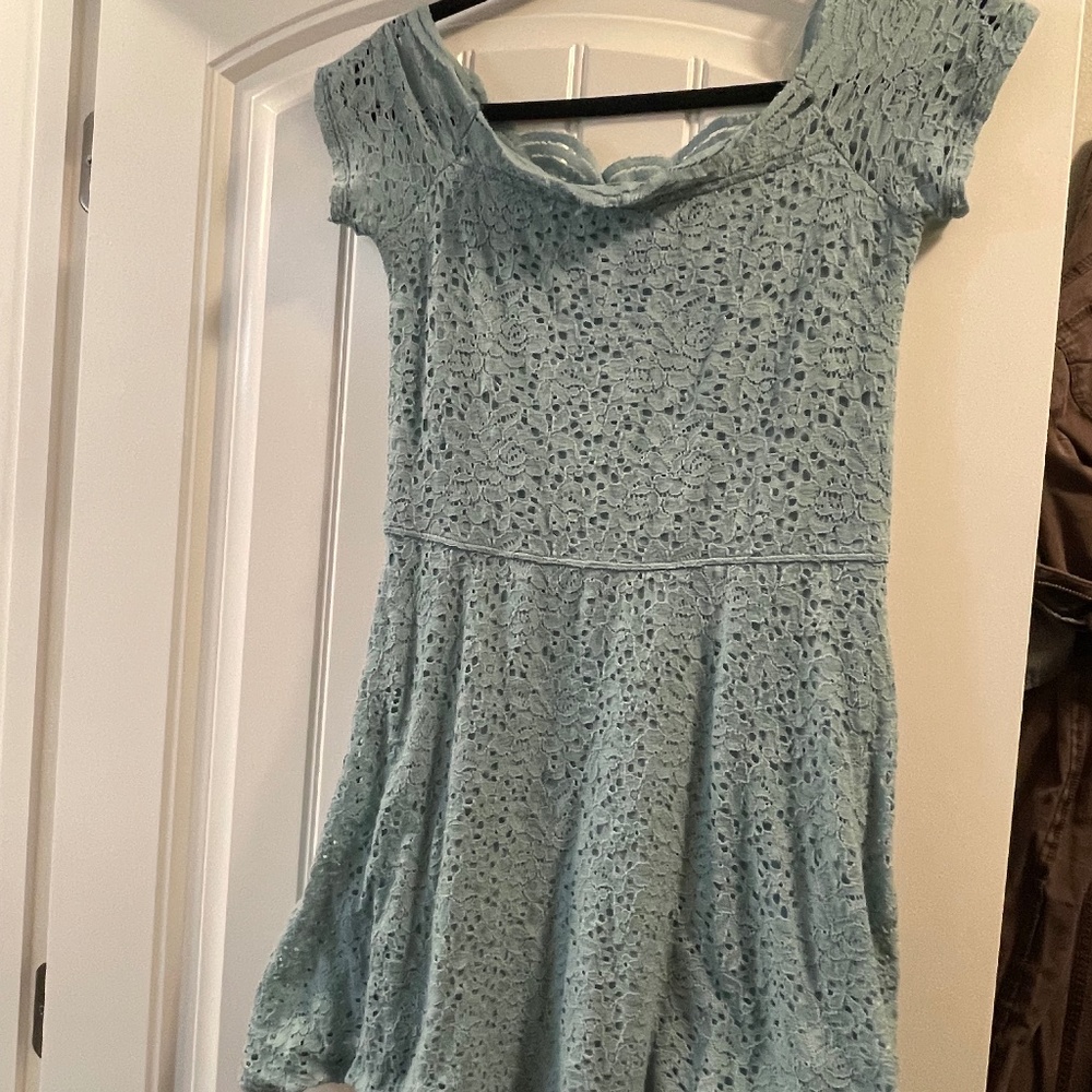 Hollister Women's Teal Floral Lace  Off the Shoulder Dress